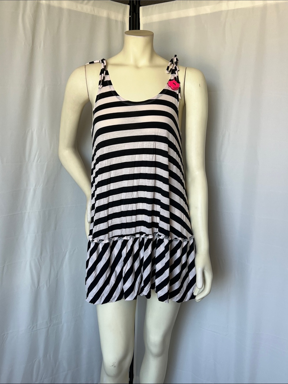 Sonia Rykiel Black and White Striped Tank Dress with Ruffle Hem